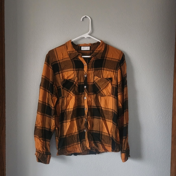 Maurices Tops - Maurices Women's Orange and Black Plaid Button-Down Shirt